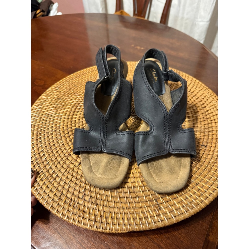 Clarks Collection Black Leather Wedge Sandals Ultimate Comfort Womens 7.5 - Picture 3 of 11